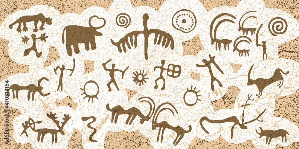 Panel on the ethnic theme. A series of petroglyphs, rock paintings. Vector design.