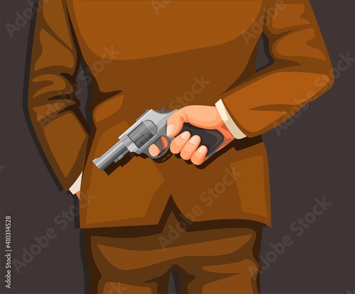 man in suit holding gun in back. killer criminal scene concept illustration in cartoon vector