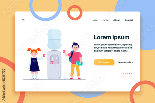 Happy children drinking water at cooler. Students, boy and girl, school hallway flat vector illustration. Beverage, refreshment, watercooler concept for banner, website design or landing web page