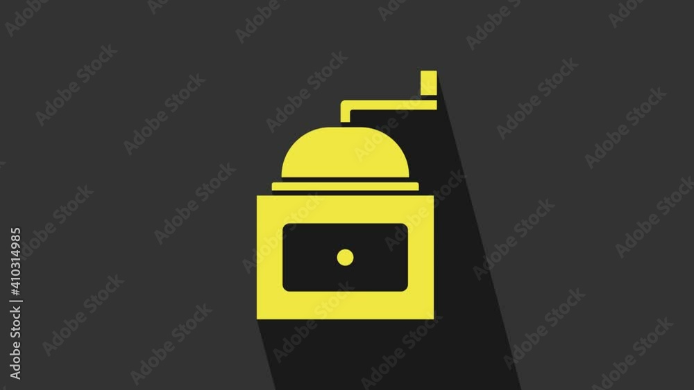 Yellow Manual coffee grinder icon isolated on grey background. 4K Video motion graphic animation Yellow Manual coffee grinder icon isolated on grey background. 4K Video motion graphic animation