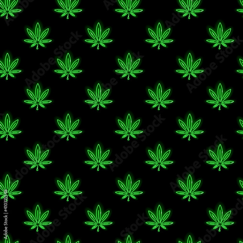 Neon cannabis leaf seamless pattern with green glowing icons on black background. Hemp or marijuana concept for print, wrapping, wallpaper. Vector 10 EPS illustration.