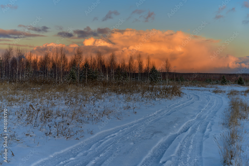 Winter landscape with ruts leading to the horizon, tall trees in an open area and a beautiful sunset sky with a large cloud in the form of a heap, painted in orange shades. Frosty winter sunny day 