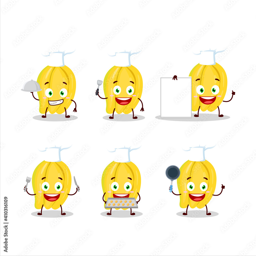 Cartoon character of carambola with various chef emoticons Cartoon character of carambola with various chef emoticons
