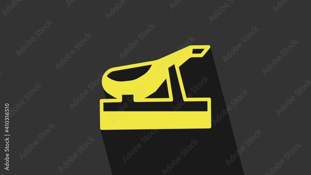 Yellow Spanish jamon on the wooden jamonera icon isolated on grey background. 4K Video motion graphic animation Yellow Spanish jamon on the wooden jamonera icon isolated on grey background. 4K Video motion graphic animation