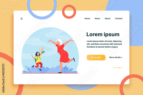 Grandparent congratulating grandchild with victory in contest. Emotions, cup. Flat vector illustration. Contest concept can be used for presentations, banner, website design, landing web page