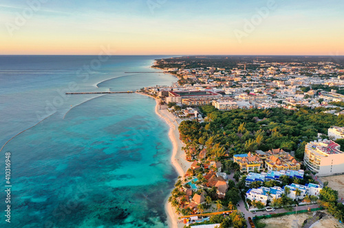 Aerial view of a beautiful Mexican beach during sunrise
