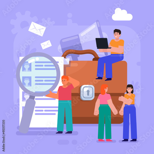 Hire, vacancy, search for new employee. Group of people stand near business case. Modern vector illustration