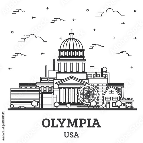 Outline Olympia Washington City Skyline with Modern Buildings Isolated on White.