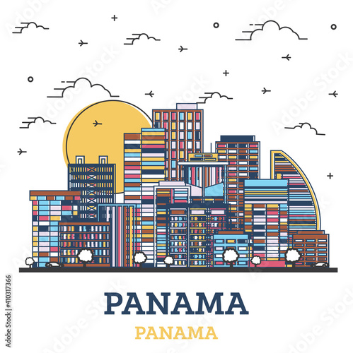 Outline Panama City Skyline with Color Buildings Isolated on White.
