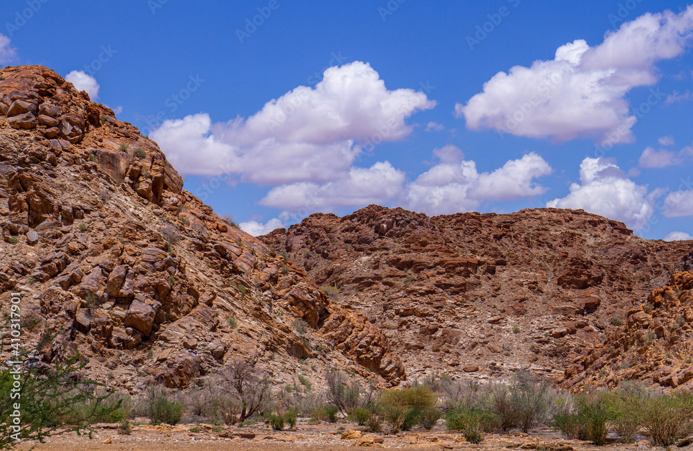 Kalahari landscape with blue sky and white clouds for background use