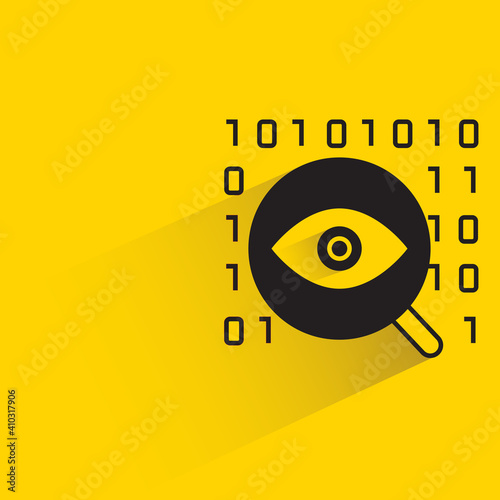 magnifier glass and eye scanner for virus and network security on yellow background