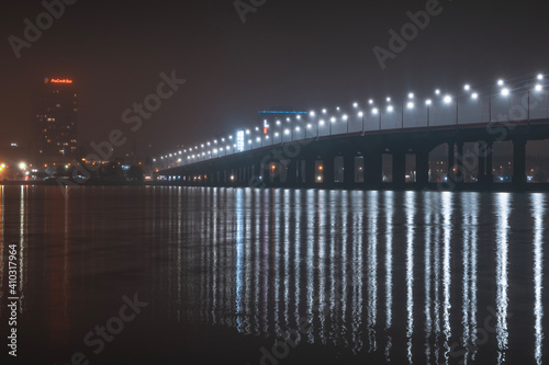 Beautiful panorama of the night city with water.