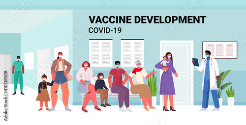 mix race patients sitting in hospital corridor people waiting for covid-19 vaccine coronavirus prevention medical immunization campaign full length horizontal vector illustration