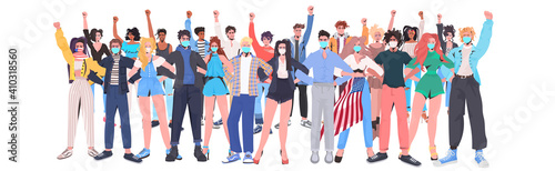 mix race people crowd in masks with raised up hands standing together labor day celebration coronavirus quarantine concept full length horizontal vector illustration