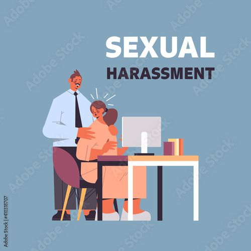 businessman molesting female employee sexual harassment at work concept lustful boss touching secretary's shoulders full length vector illustration