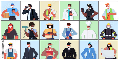 set mix race people of different occupations wearing masks to prevent coronavirus pandemic labor day celebration concept portraits collection horizontal vector illustration