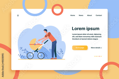 Happy new father walking with baby. Man reaching arms to stroller with kid flat vector illustration. New parent, fatherhood, parenthood concept for banner, website design or landing web page