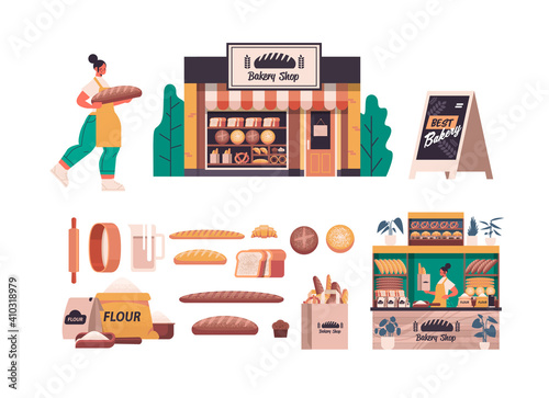 set different bakery pastry products female baker in uniform holding bread baking concept full length isolated horizontal vector illustration