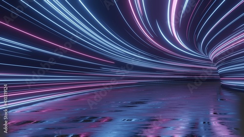Fototapeta Naklejka Na Ścianę i Meble -  3D Rendering of curved tunnel with led glowing lights on ceiling and reflection from puddle on wet dark street surface. Concept for fast business technology, car advertising background