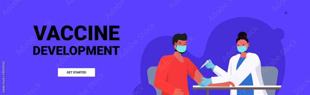 female doctor in mask vaccinating male patient fight against coronavirus vaccine development concept copy space portrait horizontal vector illustration female doctor in mask vaccinating male patient fight against coronavirus vaccine development concept copy space portrait horizontal vector illustration