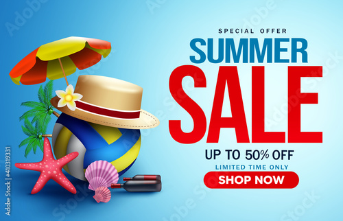 Summer sale vector banner background. Summer sale special offer text with tropical season elements like beach volleyball, umbrella and hat for seasonal holiday shopping promotion. Vector illustration
