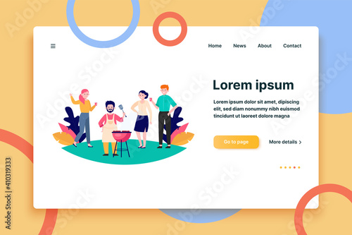 Happy friends enjoying barbecue party. Man in apron with spatula grilling meat outdoors flat vector illustration. Leisure, summer, food concept for banner, website design or landing web page