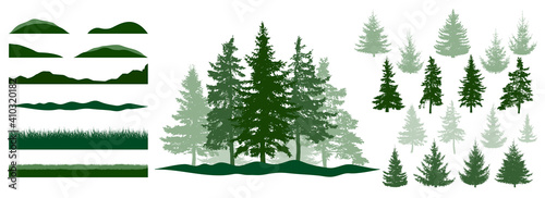 Forest, constructor kit. Silhouettes of beautiful spruce trees, grass, hill. Collection of element for create beautiful forest, park, woodland, landscape. Vector illustration.