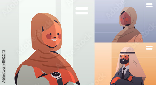 arabic doctors group in web browser windows discussing during video conference medicine healthcare online communication concept horizontal portrait vector illustration