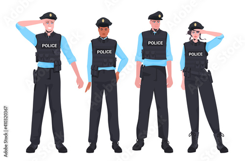 mix race policemen in tactical gear standing together riot police officers protesters and demonstration riots mass control concept horizontal full length vector illustration