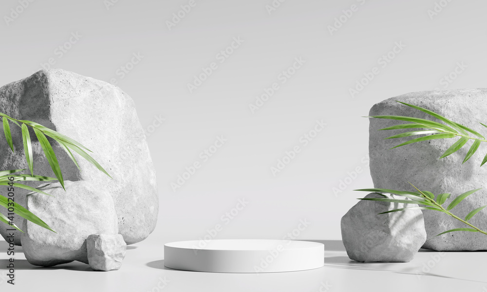 White product display podium with bamboo nature leaves and stone. 3D ...