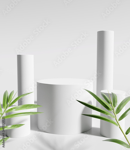 White product display podium with bamboo nature leaves. 3D rendering