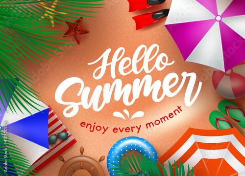 Hello summer vector background design. Hello summer enjoy every moment text in beach sand background with elements like umbrella and palm leaves for tropical season vacation. Vector illustration
