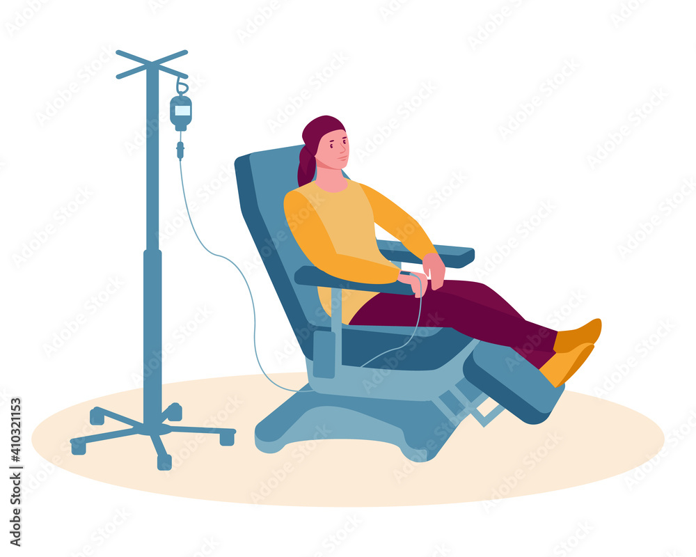 Oncology patient having a chemotherapy. Woman with cancer gets a drip. Vector concept of cancer treatment and medicine. Illustration in flat cartoon style. Isolated over white background.
