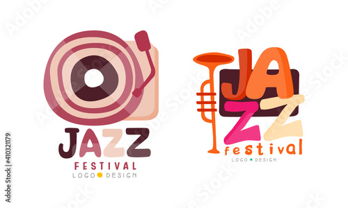Photography Jazz Festival Logo Design Set, Musical Event Labels Cartoon Vector Illustration