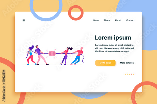 Groups of people pulling rope in tug of war play. Struggling team competing with each other. Vector illustration for game, contest, competition, confrontation concept
