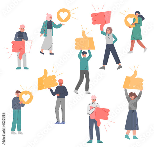 People Holding Vote Signs Set, Followers Giving Like or Dislike Notification Sign to Agreement or Disagreement to Media Blogger or Post Vector Illustration