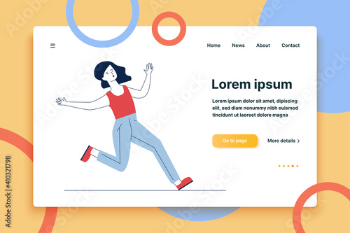 Clumsy woman running on wet floor. Cartoon female character slipping and falling flat vector illustration. Risk, failure, hurt concept for banner, website design or landing web page