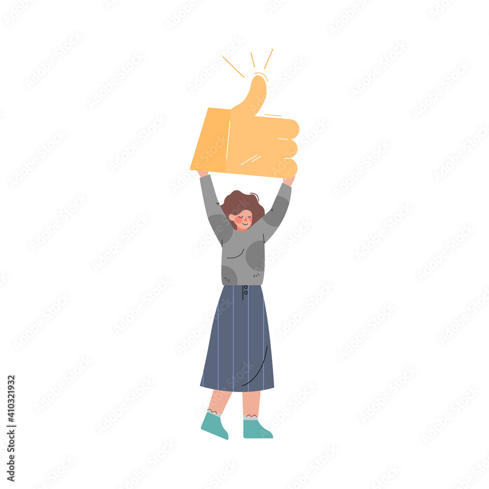 Young Woman Holding Thumb Up Sign in her Hands, Girl Follower Giving Like Expressing Agreement to Media Blogger or Post, Social Media Networking Concept Vector Illustration Young Woman Holding Thumb Up Sign in her Hands, Girl Follower Giving Like Expressing Agreement to Media Blogger or Post, Social Media Networking Concept Vector Illustration