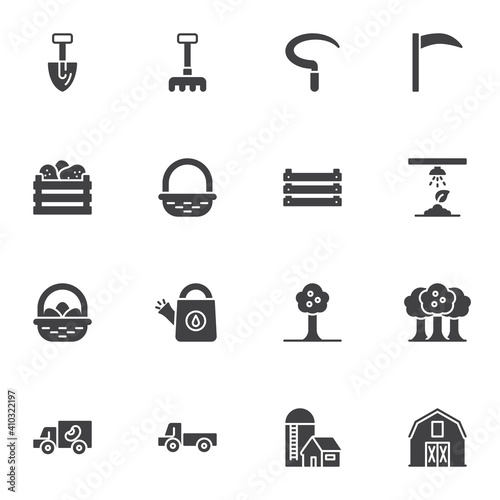 Farming and gardening vector icons set, modern solid symbol collection, filled style pictogram pack. Signs, logo illustration. Set includes icons as farm barn, apple tree, seedling and watering, rake