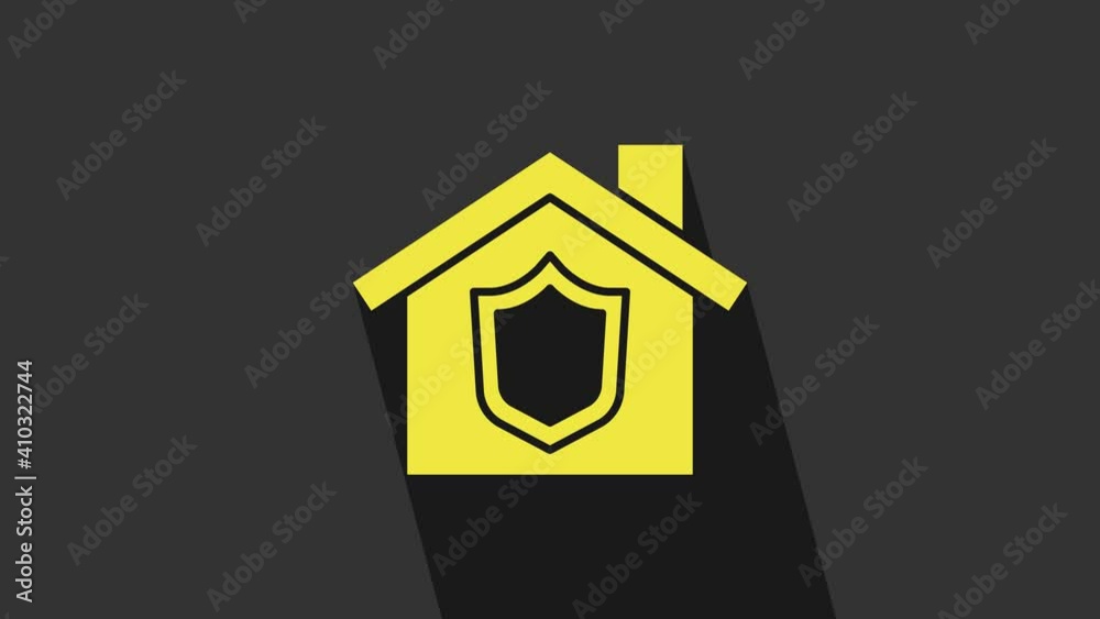 Yellow House with shield icon isolated on grey background. Insurance concept. Security, safety, protection, protect concept. 4K Video motion graphic animation Yellow House with shield icon isolated on grey background. Insurance concept. Security, safety, protection, protect concept. 4K Video motion graphic animation
