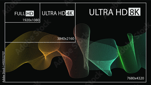 Black, white and golden video or screen resolution icons. Set from 1080p to 8k. 8K UHD is the highest resolution defined in the Rec. 2020 standard.