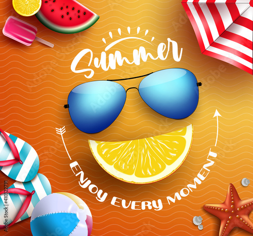 Summer vector concept design. Summer enjoy every moment text with tropical elements like sunglasses and lemon in happy smile face for fun and enjoy holiday vacation season. Vector illustration
