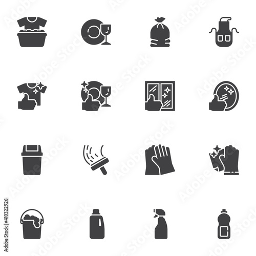 Maid and cleaning service vector icons set, modern solid symbol collection, filled style pictogram pack. Signs logo illustration. Set includes icons - gloves, detergent spray, window cleaning, laundry
