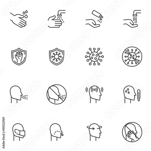 Coronavirus symptoms line icons set, outline vector symbol collection, linear style pictogram pack. Signs logo illustration. Set includes icons as hands washing, antibacterial sanitizer spray, virus