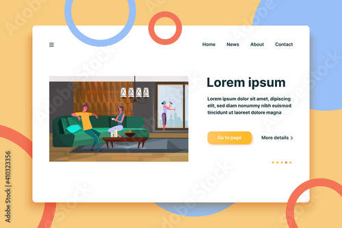 Couple talking on couch at home. Cleaner woman, living room, city apartment flat vector illustration. Service, urban lifestyle concept for banner, website design or landing web page