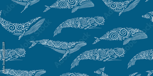 Wild Whales with Ethnic Ornaments. Seamless Pattern for your design