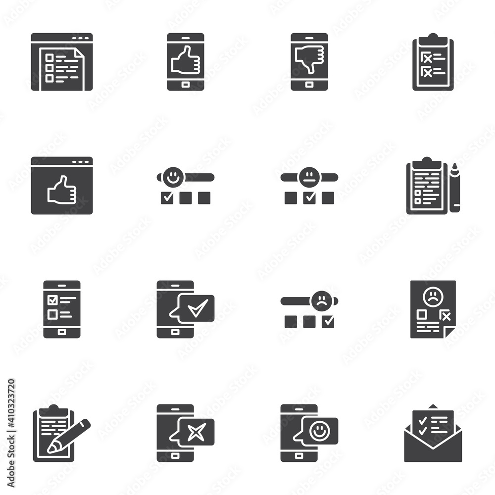 Customer reviews vector icons set, modern solid symbol collection, filled style pictogram pack. Signs, logo illustration. Set includes icons as survey, comment, customer testimonials, feedback