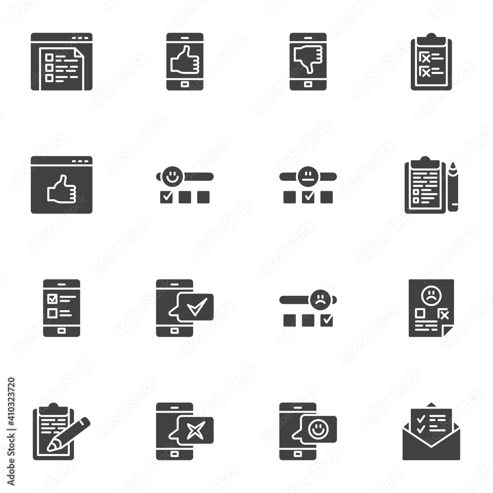 Customer reviews vector icons set, modern solid symbol collection, filled style pictogram pack. Signs, logo illustration. Set includes icons as survey, comment, customer testimonials, feedback Customer reviews vector icons set, modern solid symbol collection, filled style pictogram pack. Signs, logo illustration. Set includes icons as survey, comment, customer testimonials, feedback