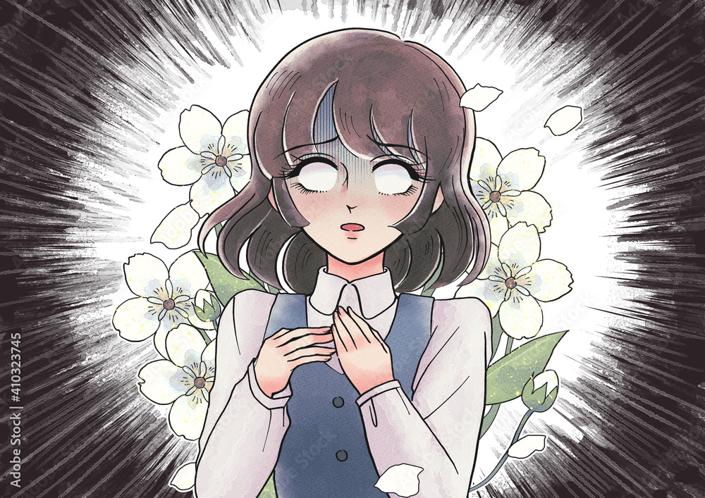 レトロ少女漫画風 白眼をむいて驚くお姉さん 花を背負う 集中線背景 Stock Illustration Adobe Stock