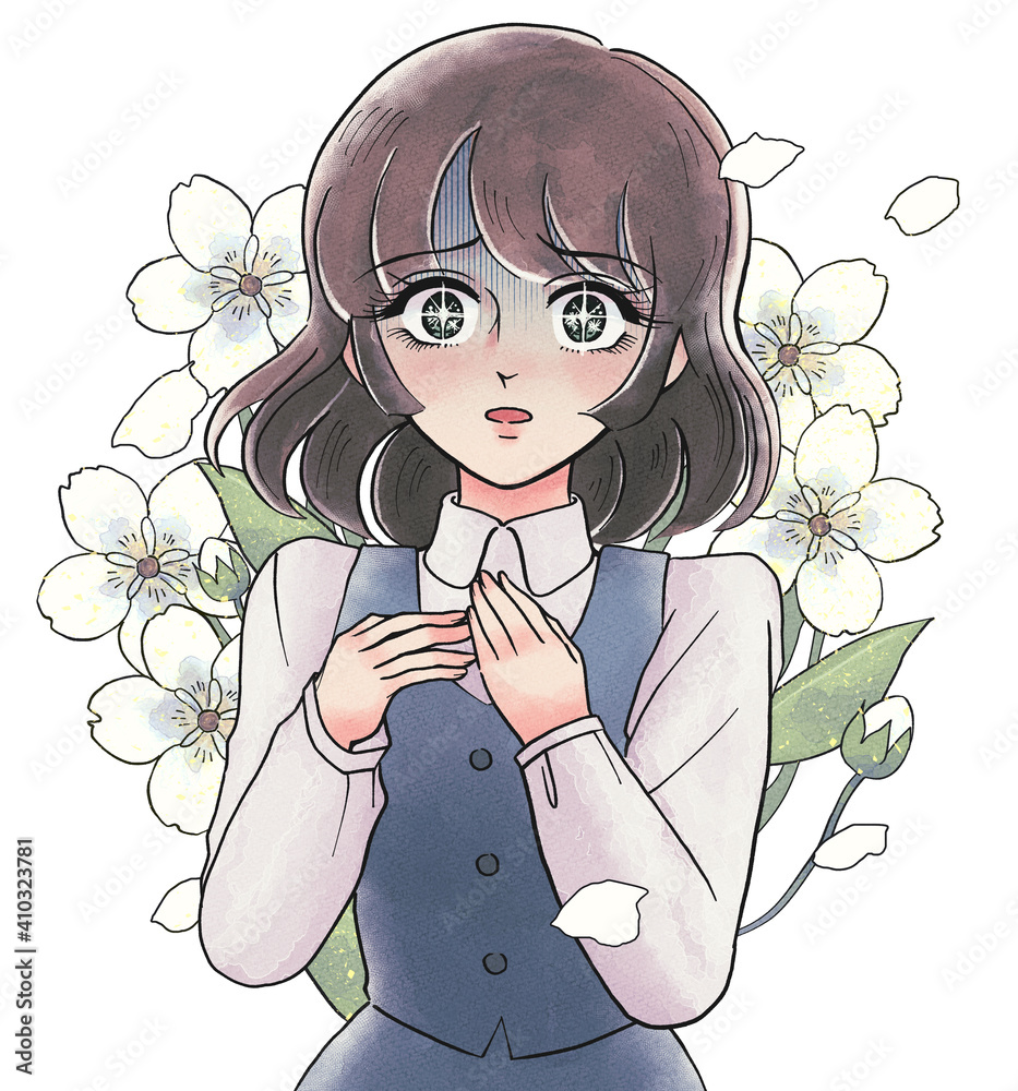 レトロ少女漫画風 驚いて顔を青ざめるお姉さん 花を背負う Stock Illustration Adobe Stock